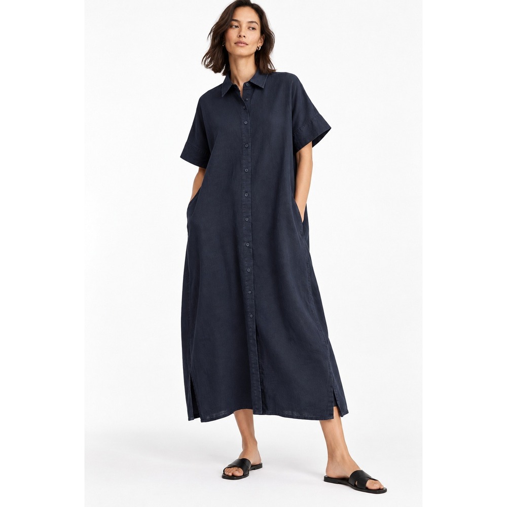 COS Womens Navy Blue Linen Short Sleeve Button Down Shirt Midi Dress XS